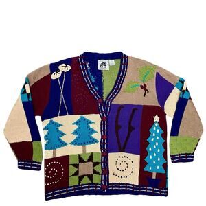 Handknits by Storybook Knits Patchwork Novelty Cardigan Sweater 1X Multicolor